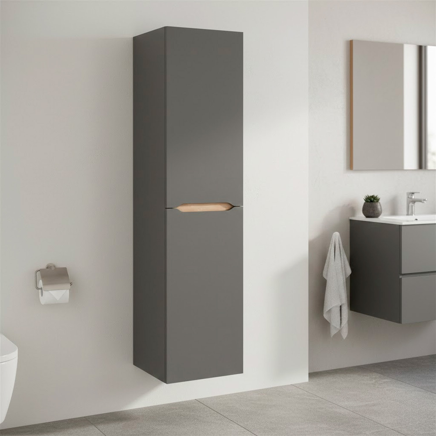 Colonna Da Bagno Sospesa Con 2 Ante E 2 Mensole Regolabili Mobile Alto In Melaminico Con Chiusura Assistita 135 x 31 x 26 Cm Grigio Antracite E Rovere