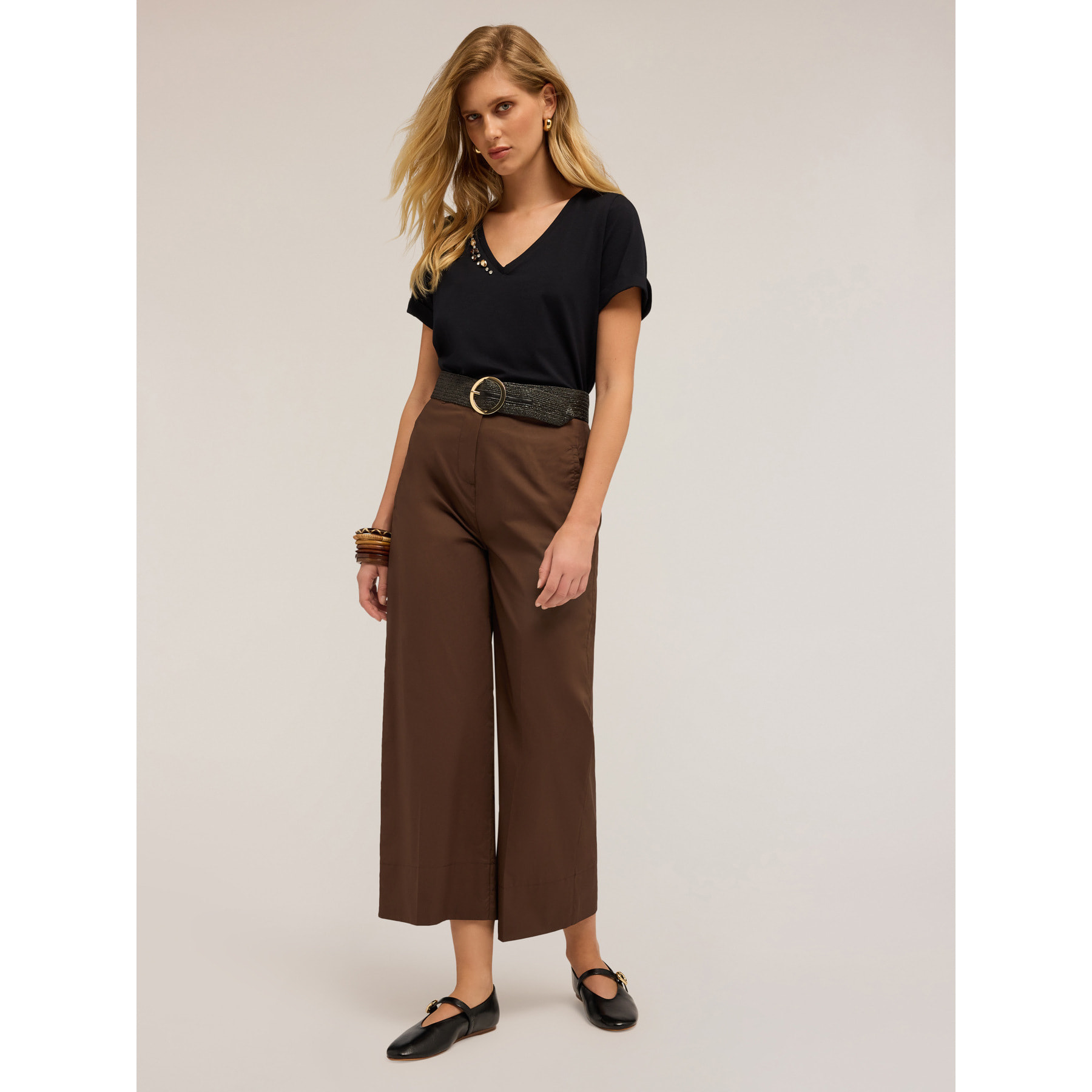 Motivi - Pantaloni cropped in popeline - Marrone