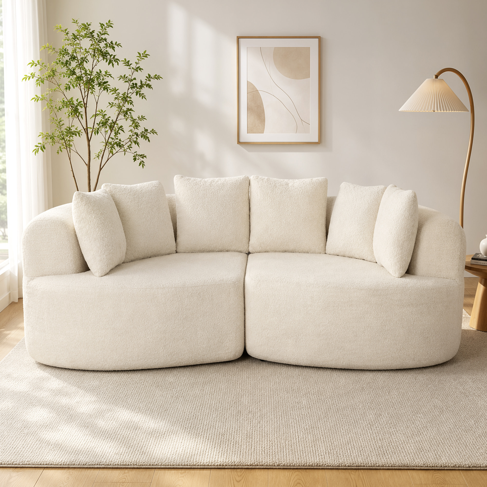 Canapé design arrondi 3 places 6 coussins tissu chenille crème