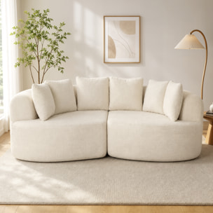 Canapé design arrondi 3 places 6 coussins tissu chenille crème