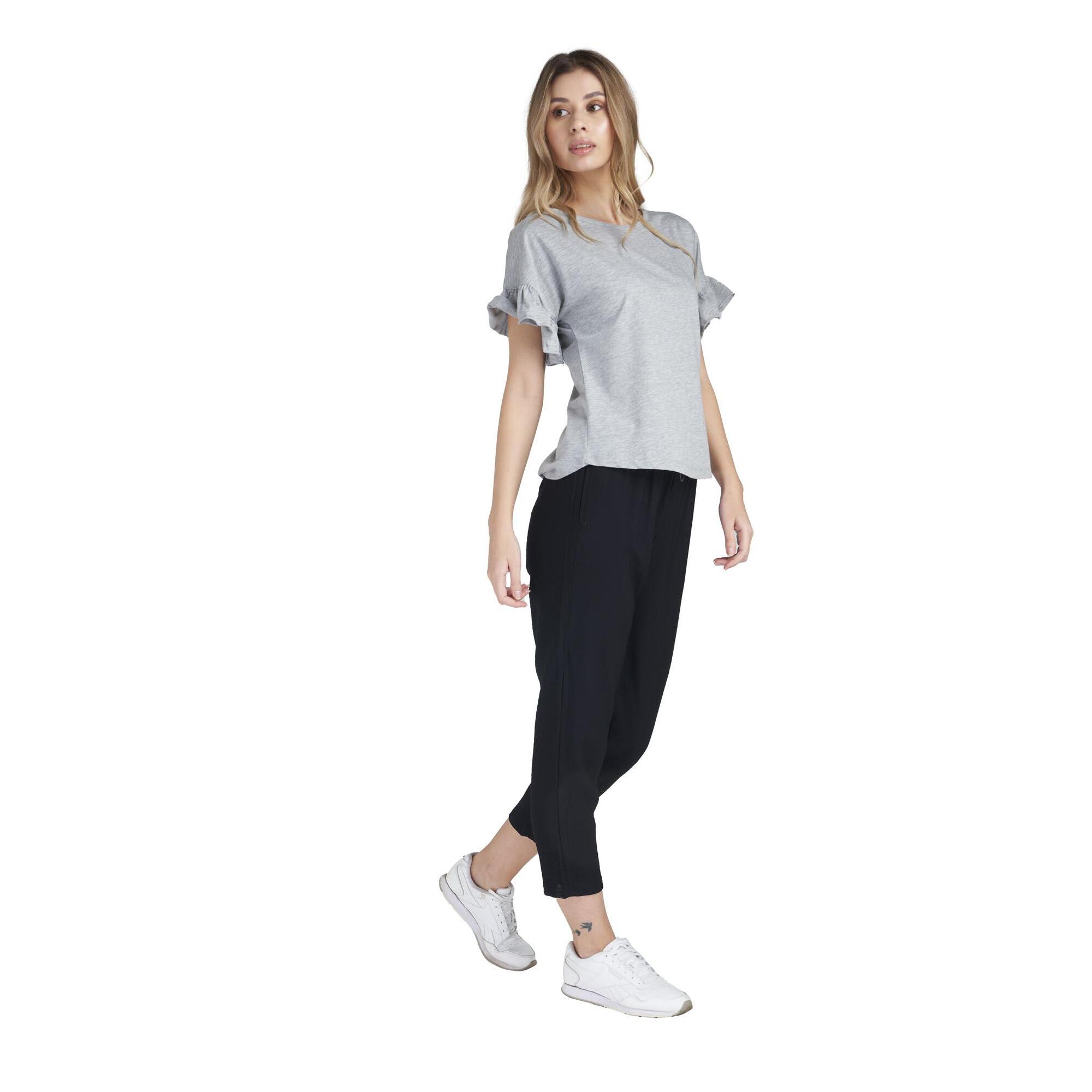 Camiseta de mujer brillante de manga corta con volantes