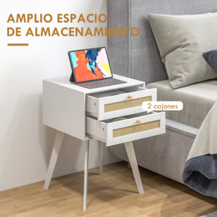 Mesita de Noche Blanca Mesilla de Noche Boho con 2 Cajones y Elemento de Ratán Mesita Auxiliar Pequeña para Dormitorio Salón 40x40x60 cm