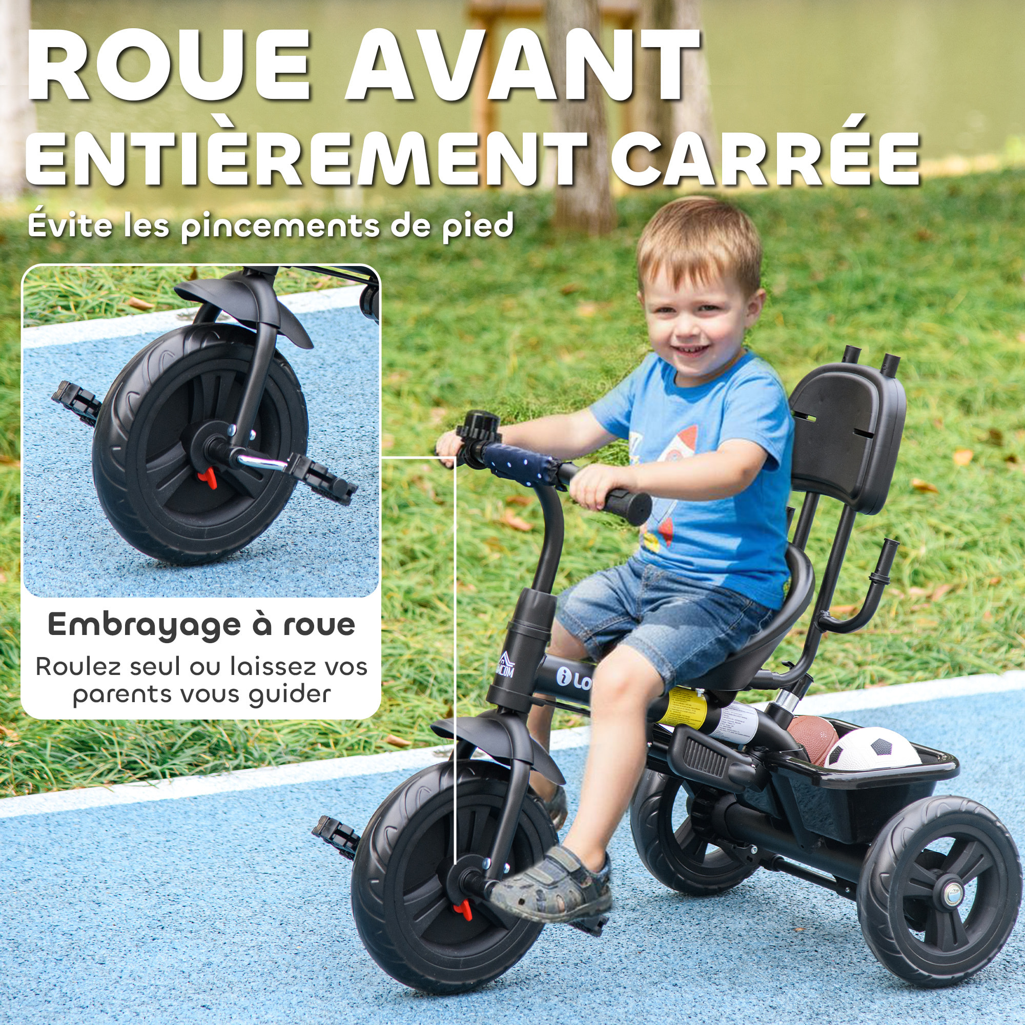 Tricycle enfant pare-soleil pliable canne amovible benne rangement acier bleu à pois noir