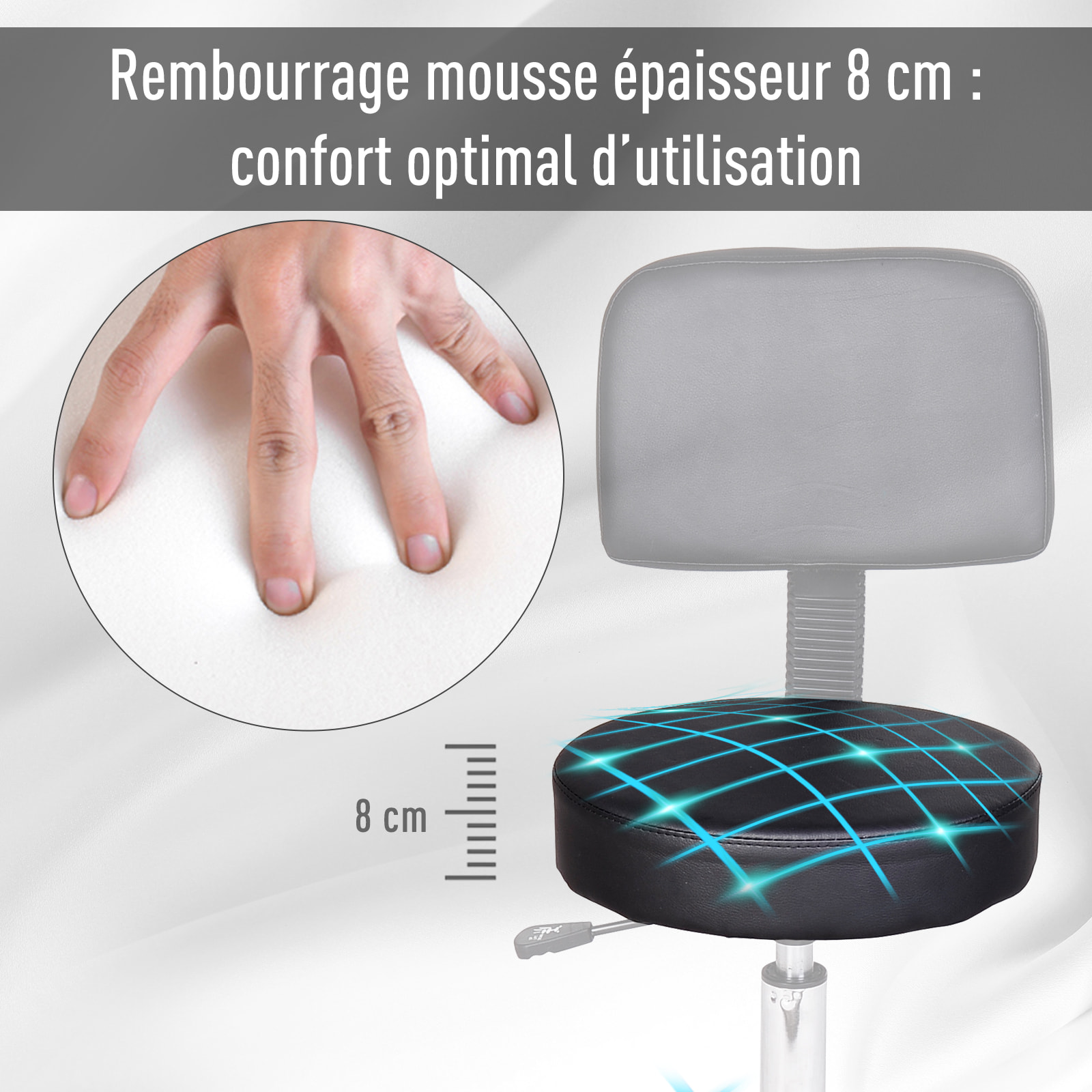 Tabouret massage à roulettes réglable en hauteur pivotant avec dossier ergonomique noir