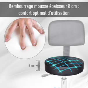 Tabouret massage à roulettes réglable en hauteur pivotant avec dossier ergonomique noir