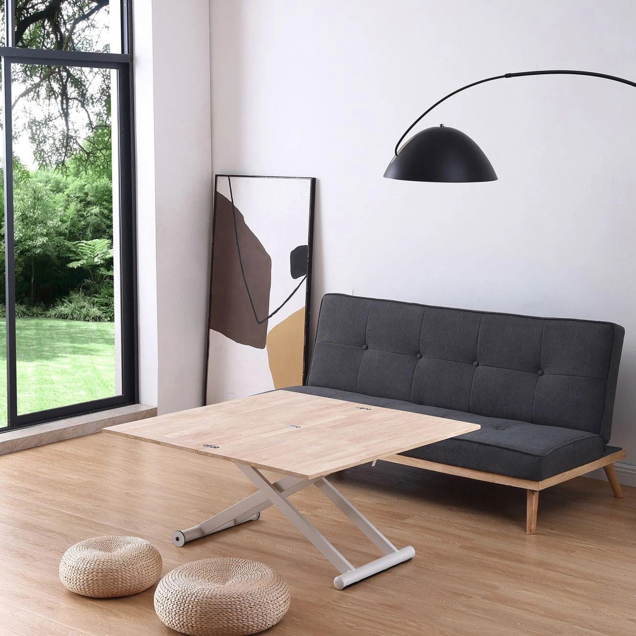 Mesa de centro elevable y extensible en blanco y roble 57-114x49-76 cm Katia Roble - Blanco