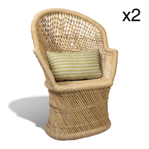 Lot de 2 fauteuils en bambou naturel avec deux coussins beiges ZAMZEBE