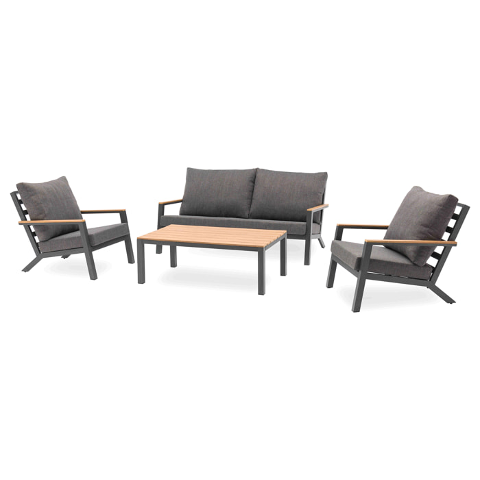 KOMMOS - Salon de jardin 5 pl en alu et plateau composite effet bois