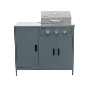 Cuisine extérieure Naxos 3 modules acier inoxydable bleu gris avec barbecue gaz 3 brûleurs