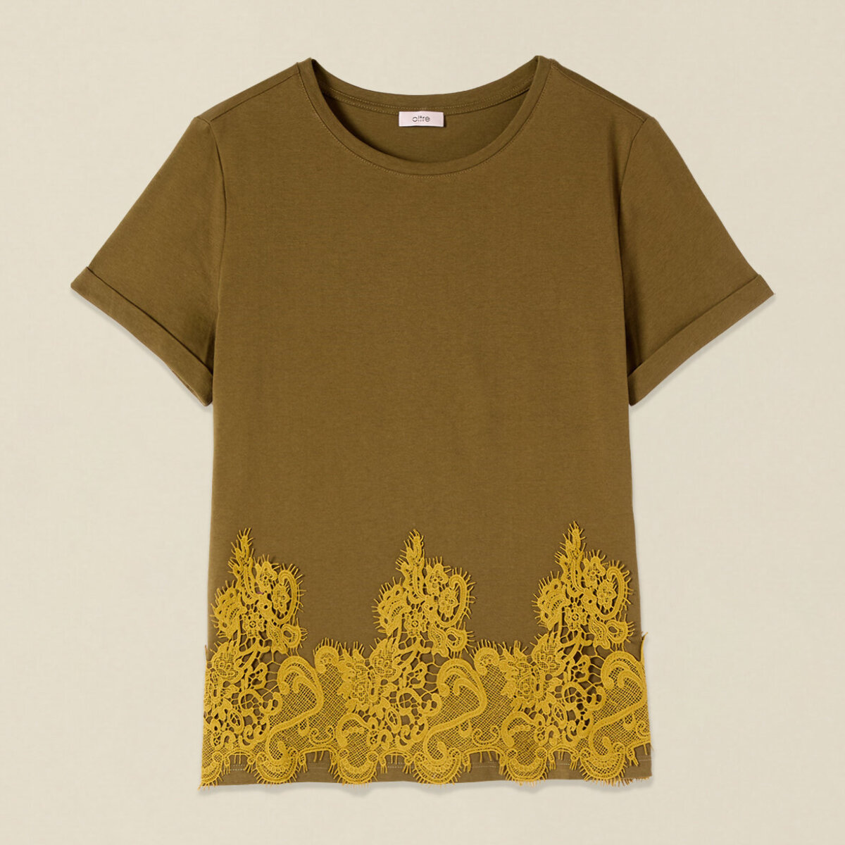 Oltre - T-shirt in cotone con pizzo - Kaki
