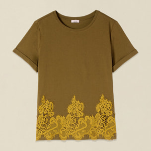 Oltre - T-shirt in cotone con pizzo - Kaki