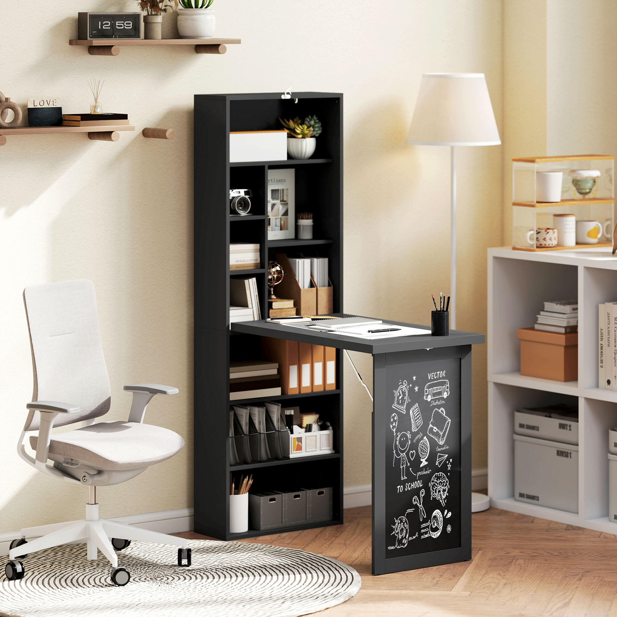 Bureau mural pliable table murale rabattable suspendue sur pied avec bibliothèque tableau à craie intégré noir