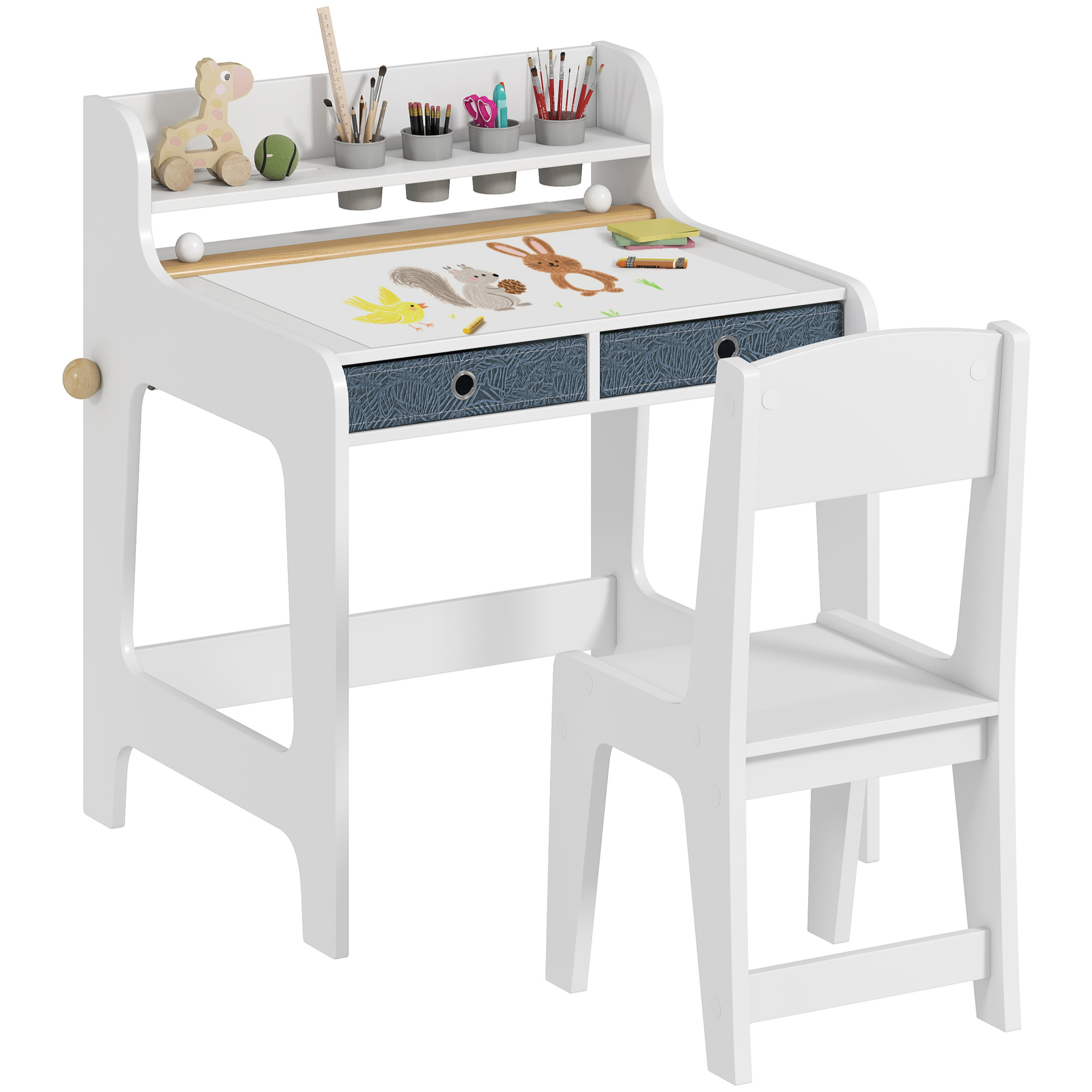 Escritorio Infantil con Silla, Pupitre Infantil con 2 Cajones Extraíbles, Estante y Portavasos, para Estudiar, Leer y Dibujar, Mesa para Niños para Dormitorio, Sala Estudio, Blanco