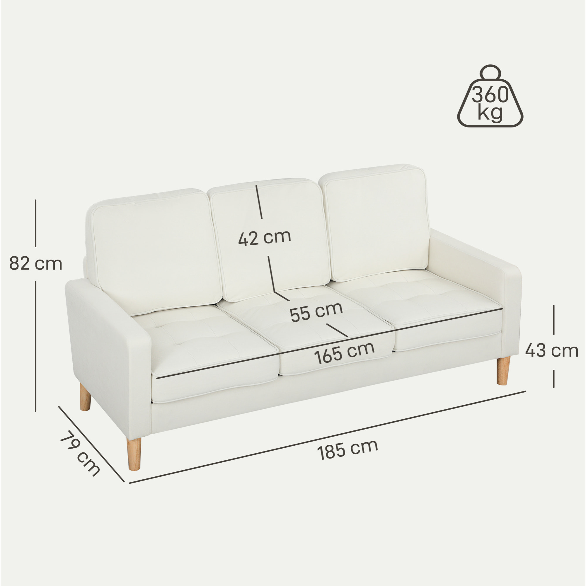 Canapé 3 places en velours, 185 cm, design moderne, canapé avec coussins épais, pieds en bois d'hévéa et assise capitonné, pour salon, chambre, bureau, crème