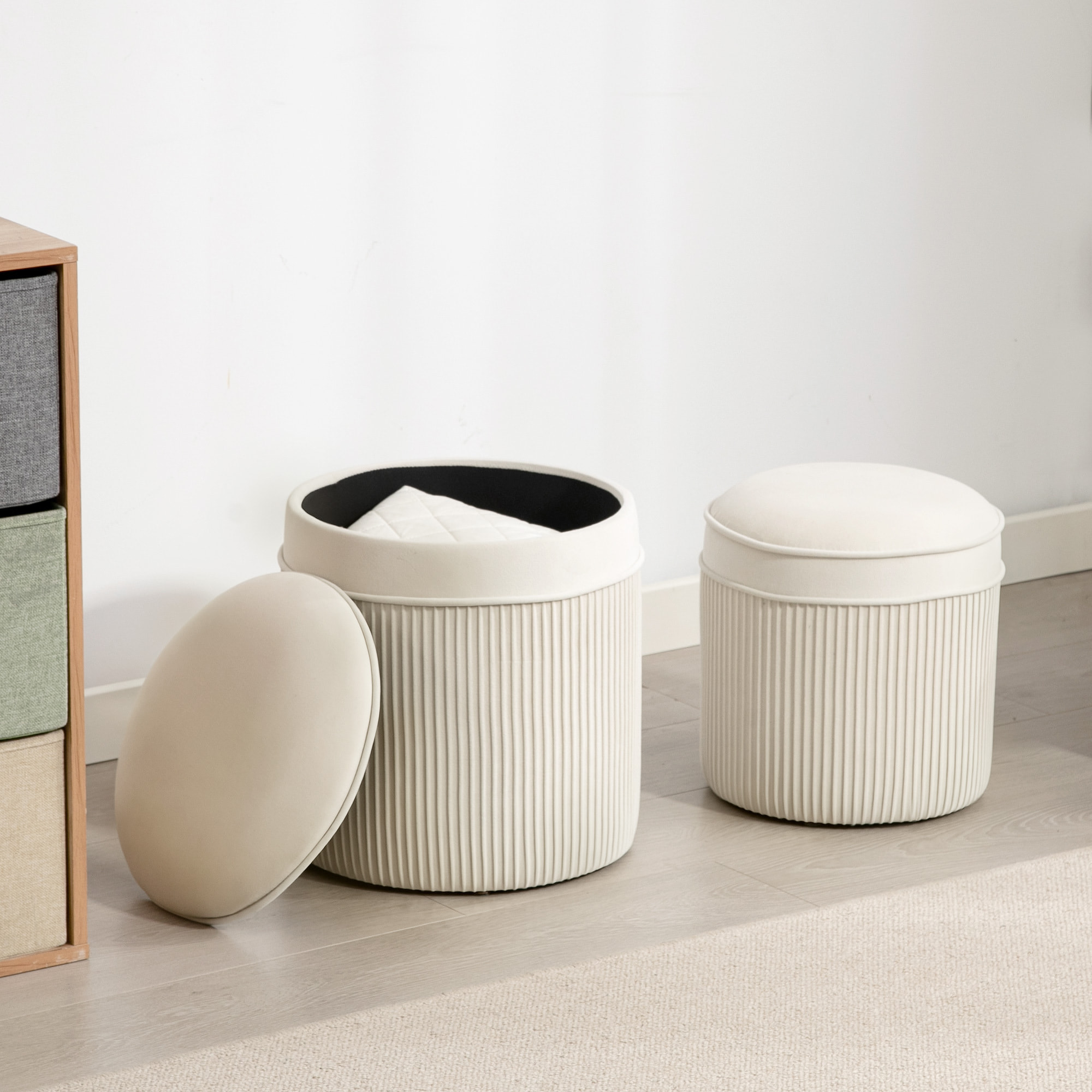 Lot de 2 poufs coffres 2 en 1 velours côtelé crème