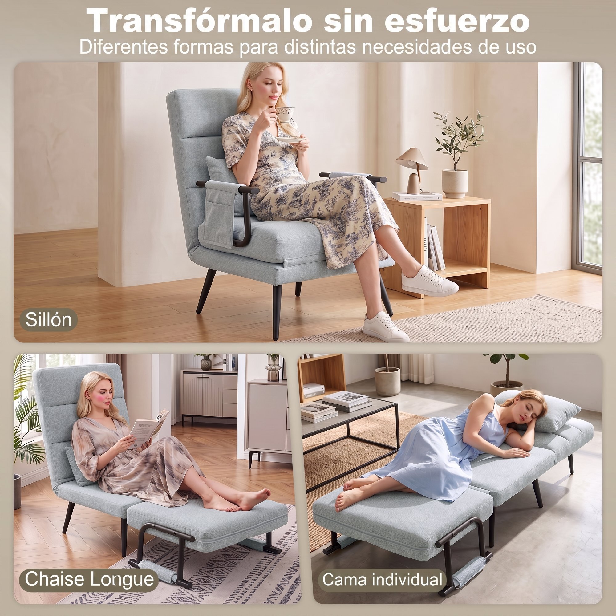 Sofá Cama 1 Plaza Convertible, 3 en 1, Sillón Cama Plegable, Tapizado en Lino, Respaldo Ajustable, Almohada con Funda Lavable, para Salón, Dormitorio, 67x73x96 cm, Gris Claro