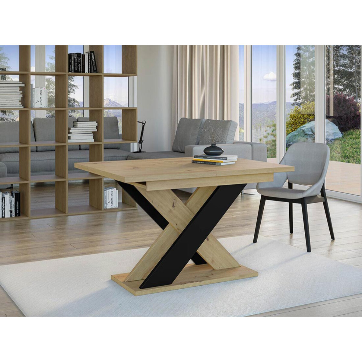 Tosca - table à manger extensible - aspect chêne clair et noir - 4 à 6 personnes - Bois / Noir