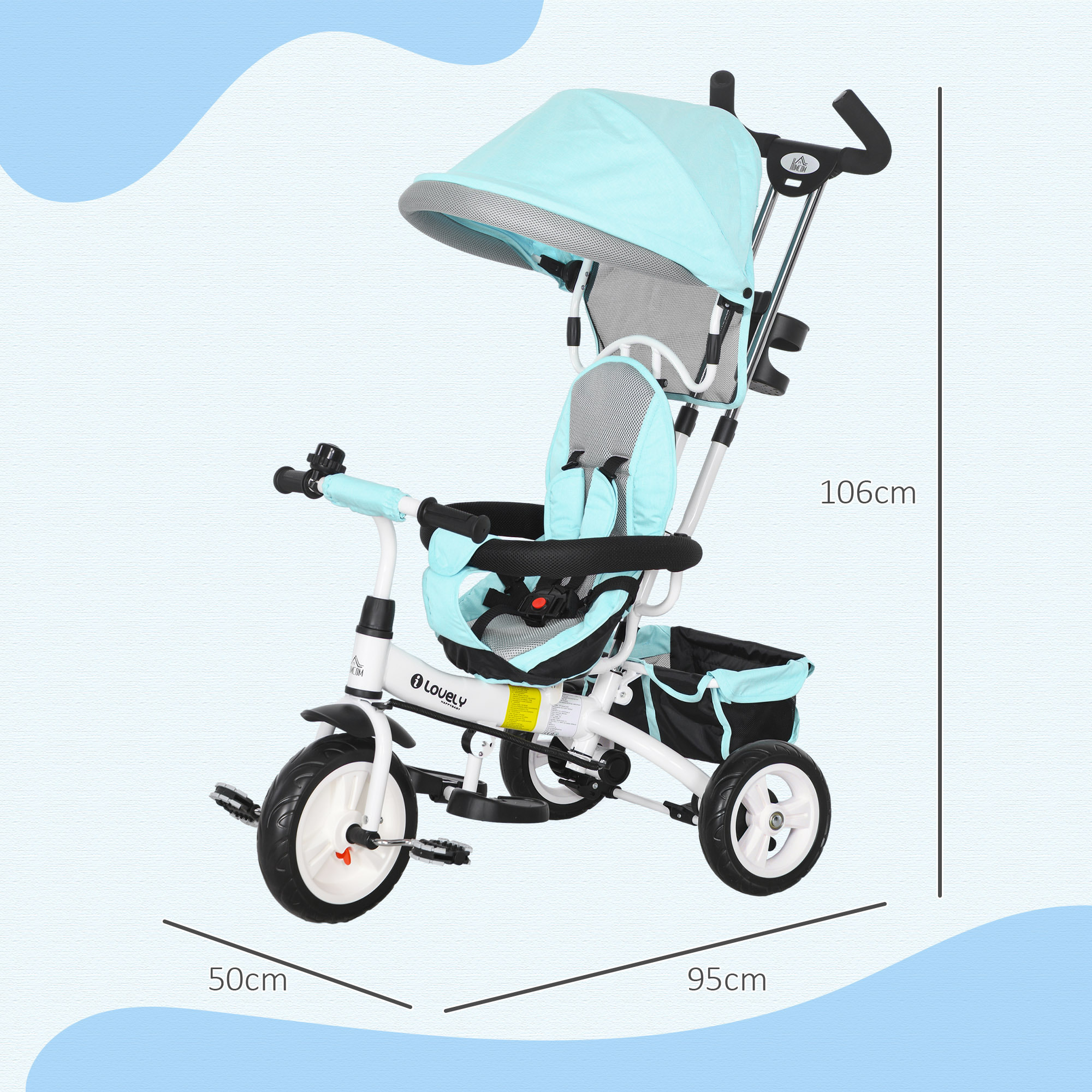 Triciclo para Bebés 6 en 1 Triciclo Evolutivo para Niños de 1-5 Años con Toldo Plegable Mango de Empuje Telescópico Cinturón de Seguridad y Cesto Carga 25 kg Verde Mint