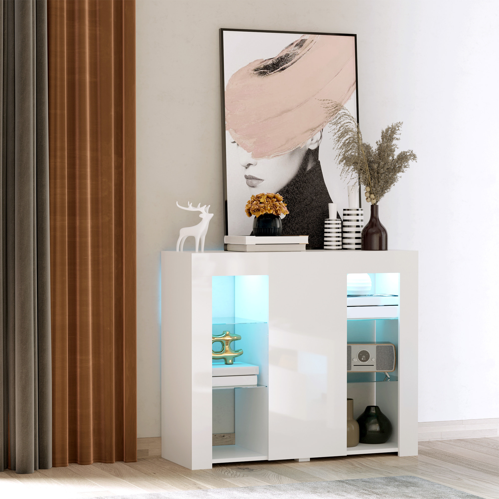 Aparador Moderno con Luces LED Mueble Buffet con 1 Puerta de Alto Brillo Cierre a Presión Estantes Ajustables y Control Remoto 97x35x83 cm Blanco