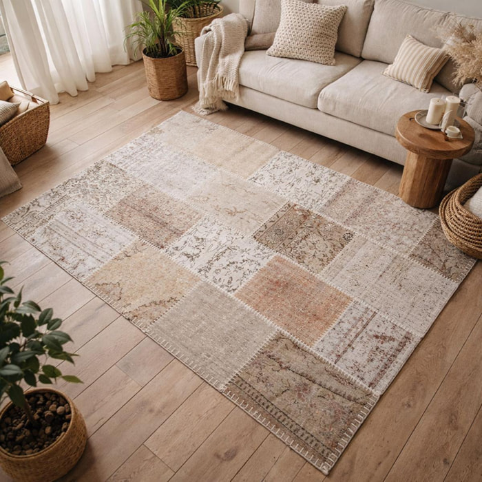 Authentique tapis Noué main en Turquie motif Patchwork beige
