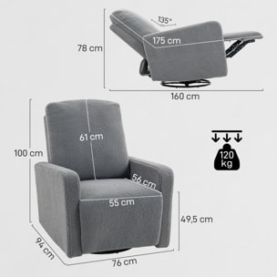 Sillón Relax Reclinable Manual, Sillón Relax de Borreguito con Reposabrazos, Reposapiés, Acolchado Grueso, Función de Balanceo 360°, Butaca Reclinable hasta 135º para Salón, Dormitorio, Gris