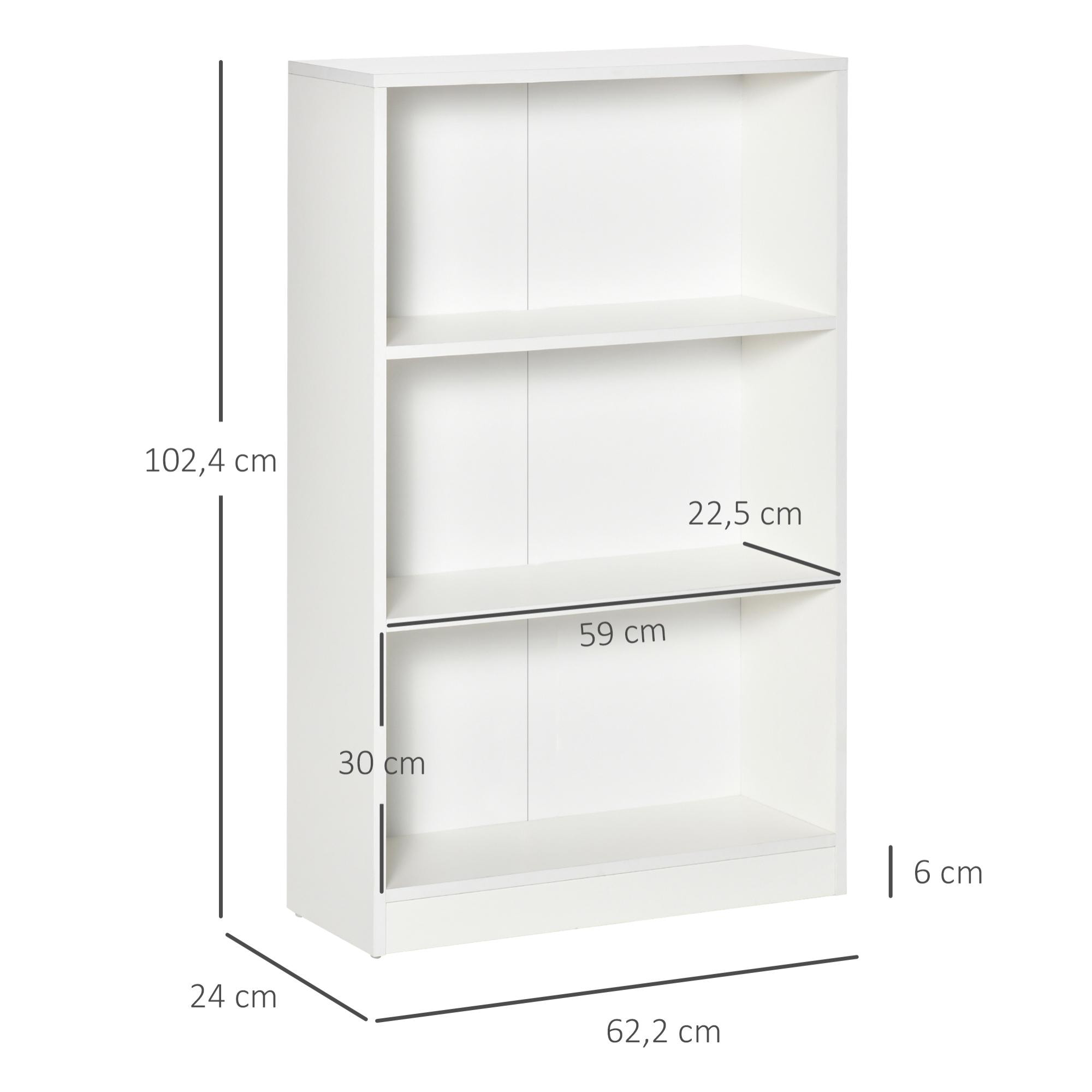 HOMCOM Estantería Librería con 3 Compartimentos de Almacenaje Libros CDs Plantas para Salón Estudio Dormitorio 62,2x24x102,4 cm Blanco