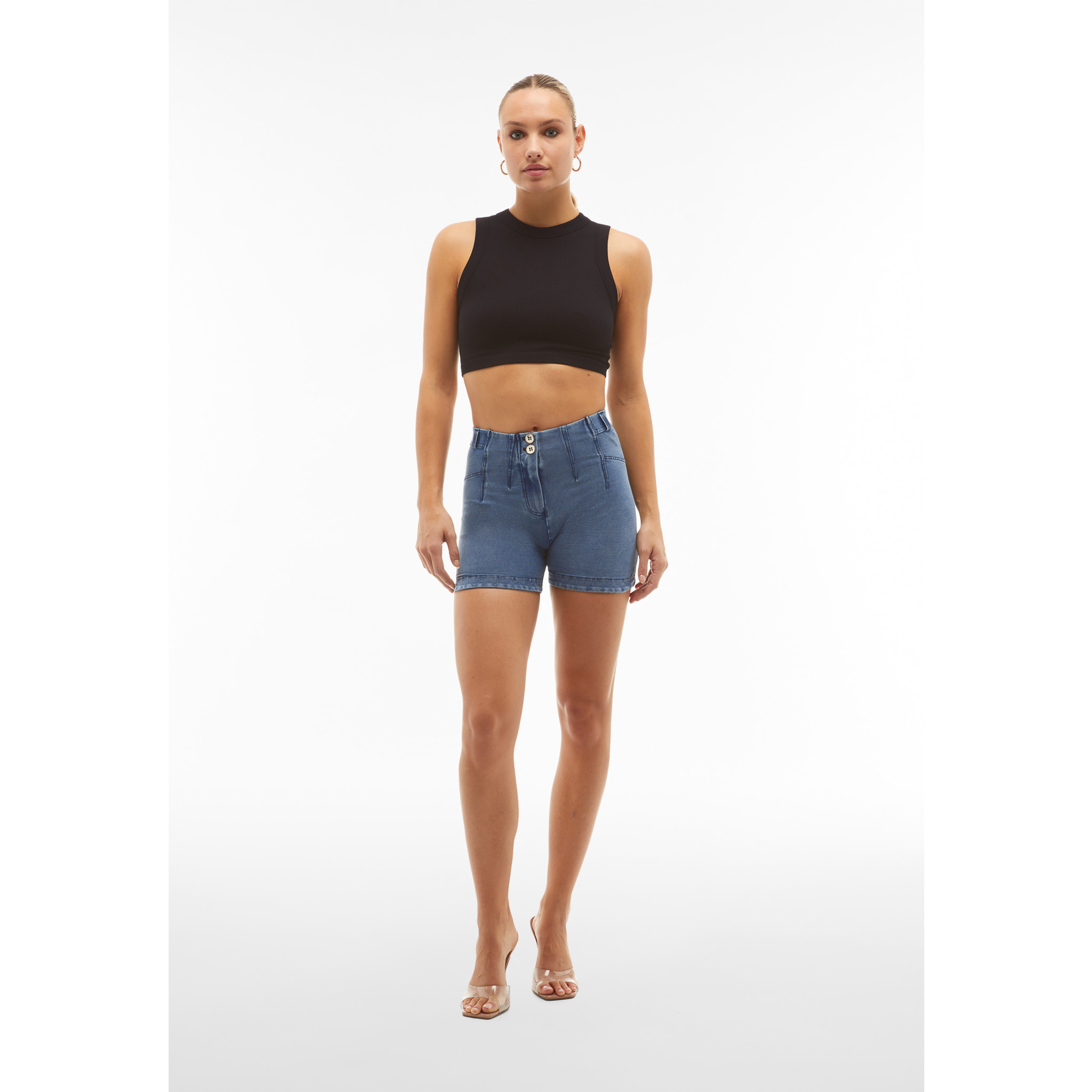 Shorts WR.UP® vita con pinces in jersey denim fondo stondato