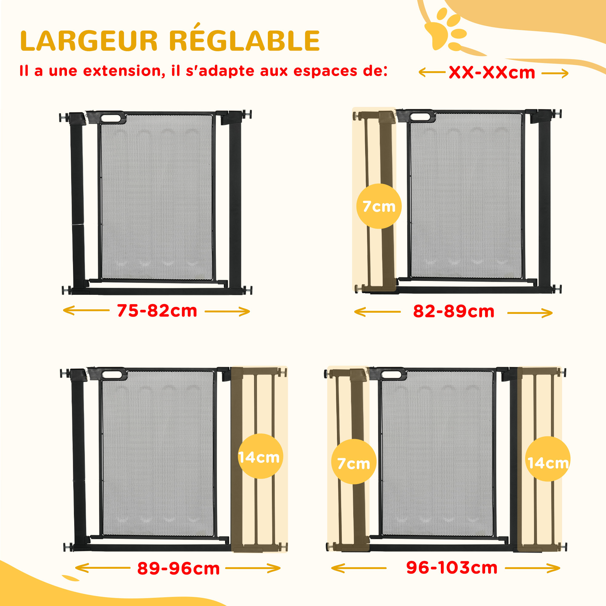 Barrière de sécurité animaux - longueur réglable dim. 75-103 cm - porte double verrouillage, ouverture double sens -sans perçage - acier ABS noir