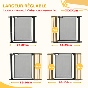 Barrière de sécurité animaux - longueur réglable dim. 75-103 cm - porte double verrouillage, ouverture double sens -sans perçage - acier ABS noir