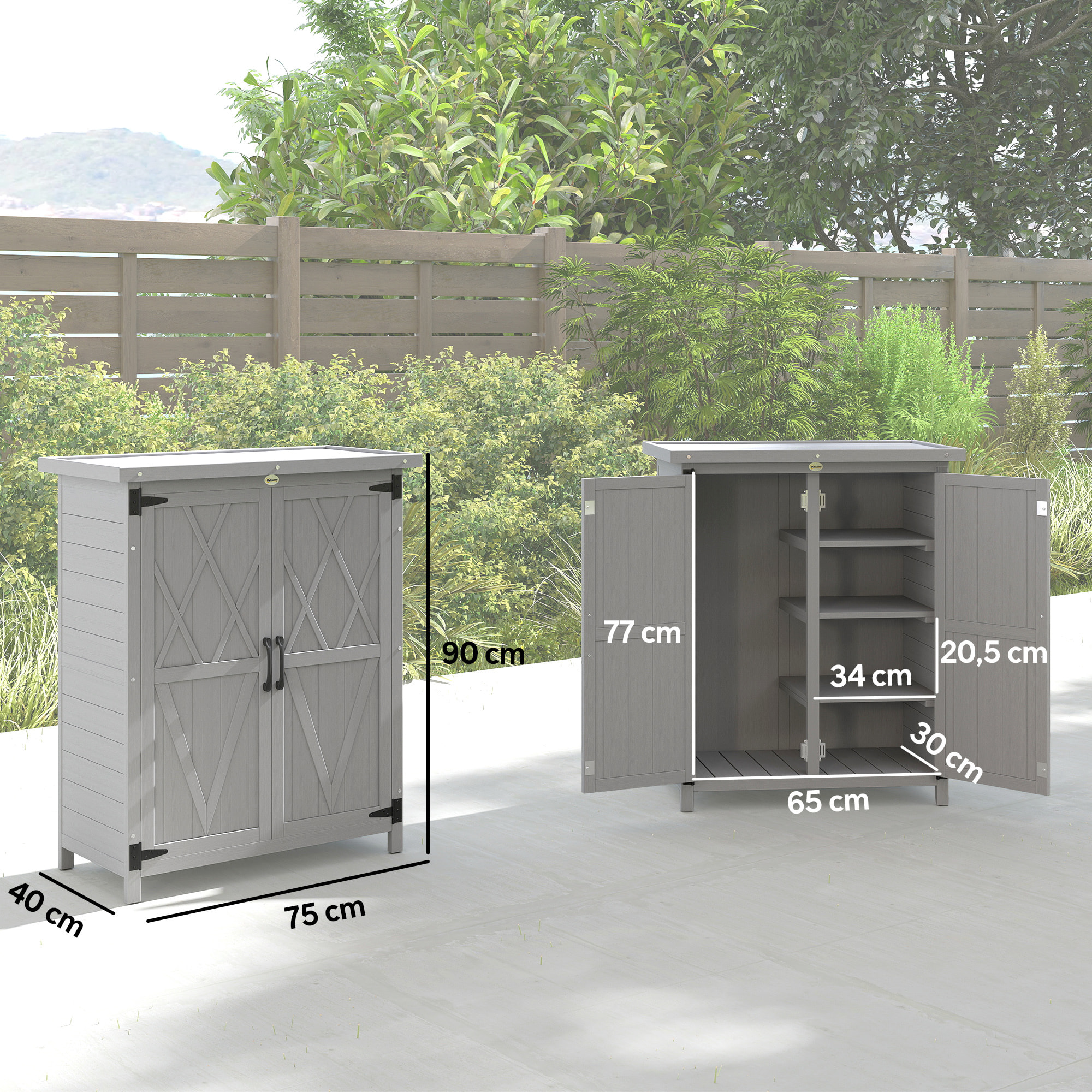 Caseta de Jardín de Madera, 75x40x90 cm, Cobertizo Jardín Exterior, Armario para Almacenaje de Herramientas, con 4 Estantes, 2 Puertas y Techo de Acero Galvanizado, Gris