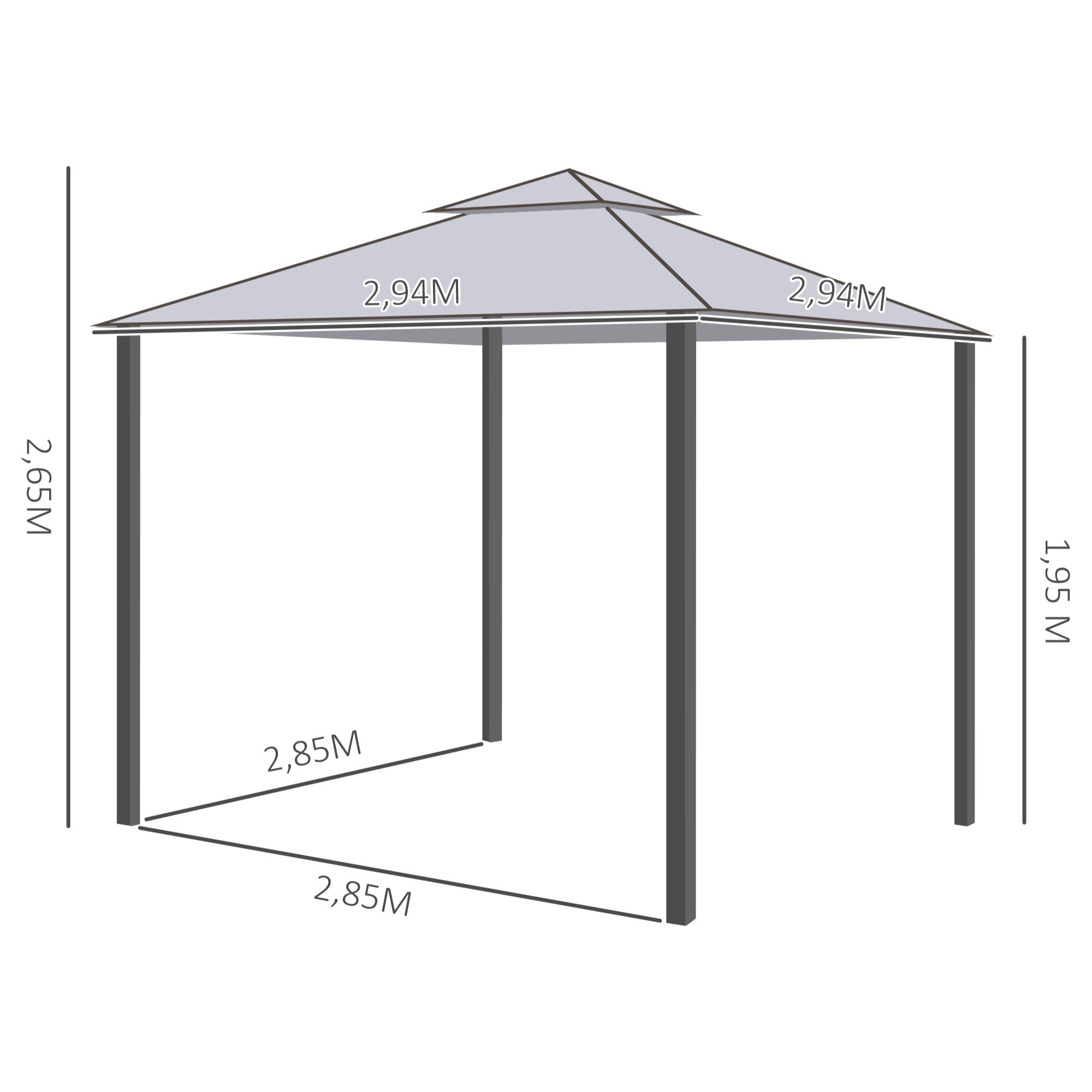 Cenador de Jardín 3x3 m Pabellón de Exterior con Doble Techo de Ventilación 4 Cortinas Mosquiteras Laterales con Cremallera 8 Orificios de Drenaje para Fiestas Patio Gris