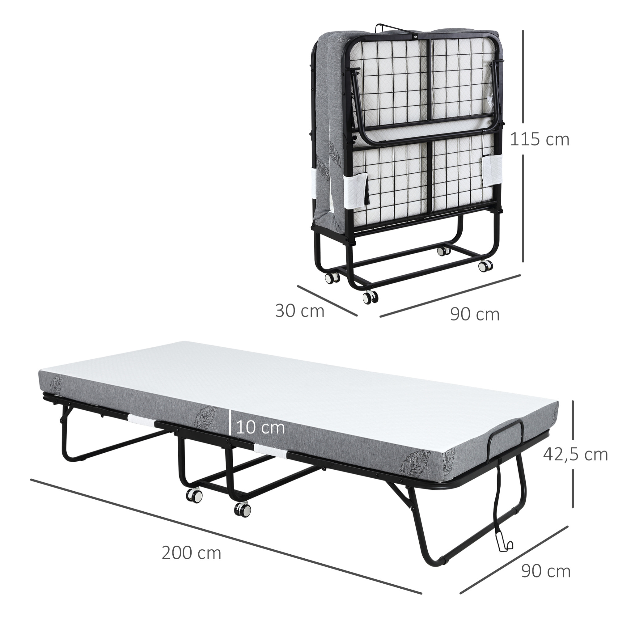 Cama Plegable 200x90x42,5 cm con Colchón Individual Ruedas para Salón Oficina