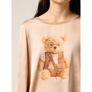 Oltre - Camiseta bimaterial con estampado y aplicaciones - Beige