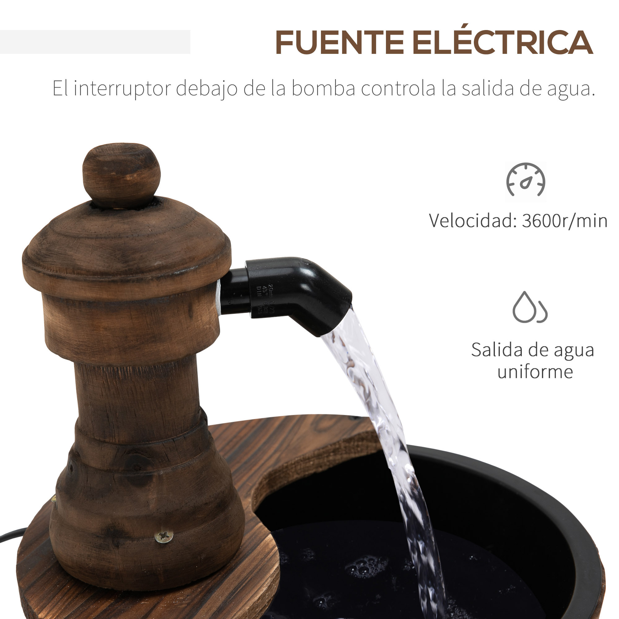 Fuente de Agua de Madera Fuente de Jardín en Cascada con Bomba Eléctrica y Salida de Agua Ajustable para Decoración Patio Terraza 27x27x37 cm Natural