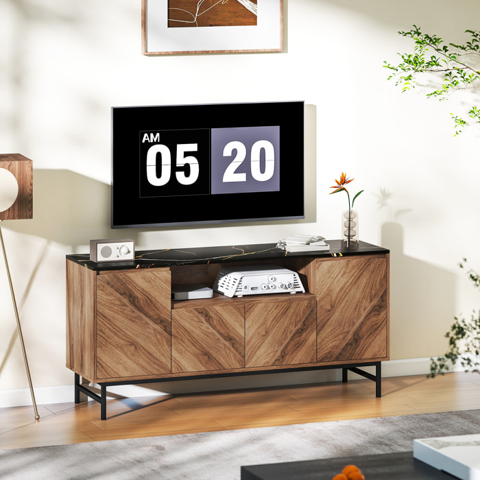 Meuble TV jusqu'à 65 pouces meuble télé aspect bois avec compartiment ouvert, portes, étagères réglables et passe-câbles, 140x39x66cm
