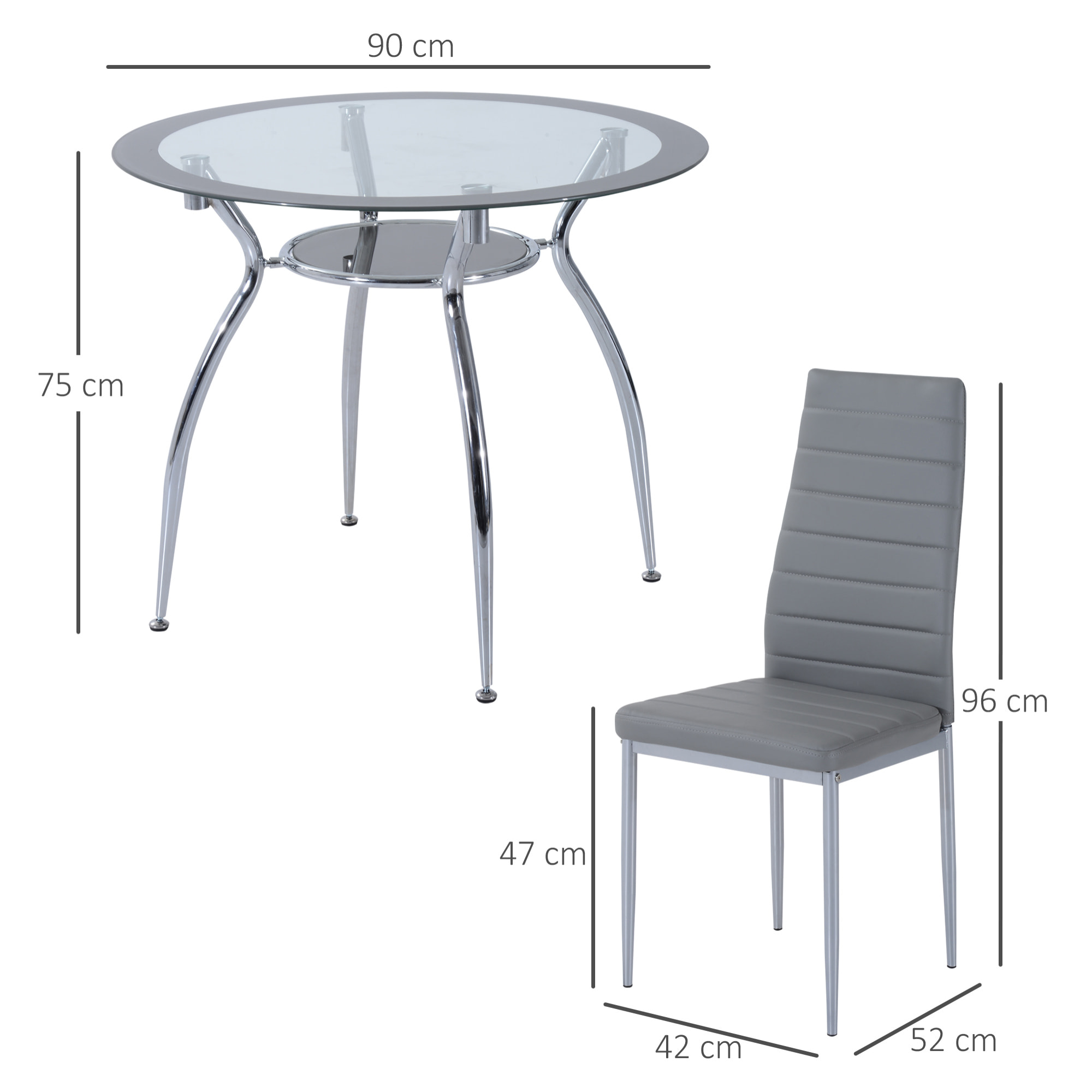 Juego de Mesa de Comedor y 4 Sillas Conjunto de Muebles de 5 Piezas Mesa Redonda de Vidrio Templado Ø90x75 cm y 4 Sillas con Patas de Acero Carga 120 kg 42x52x96 cm Gris