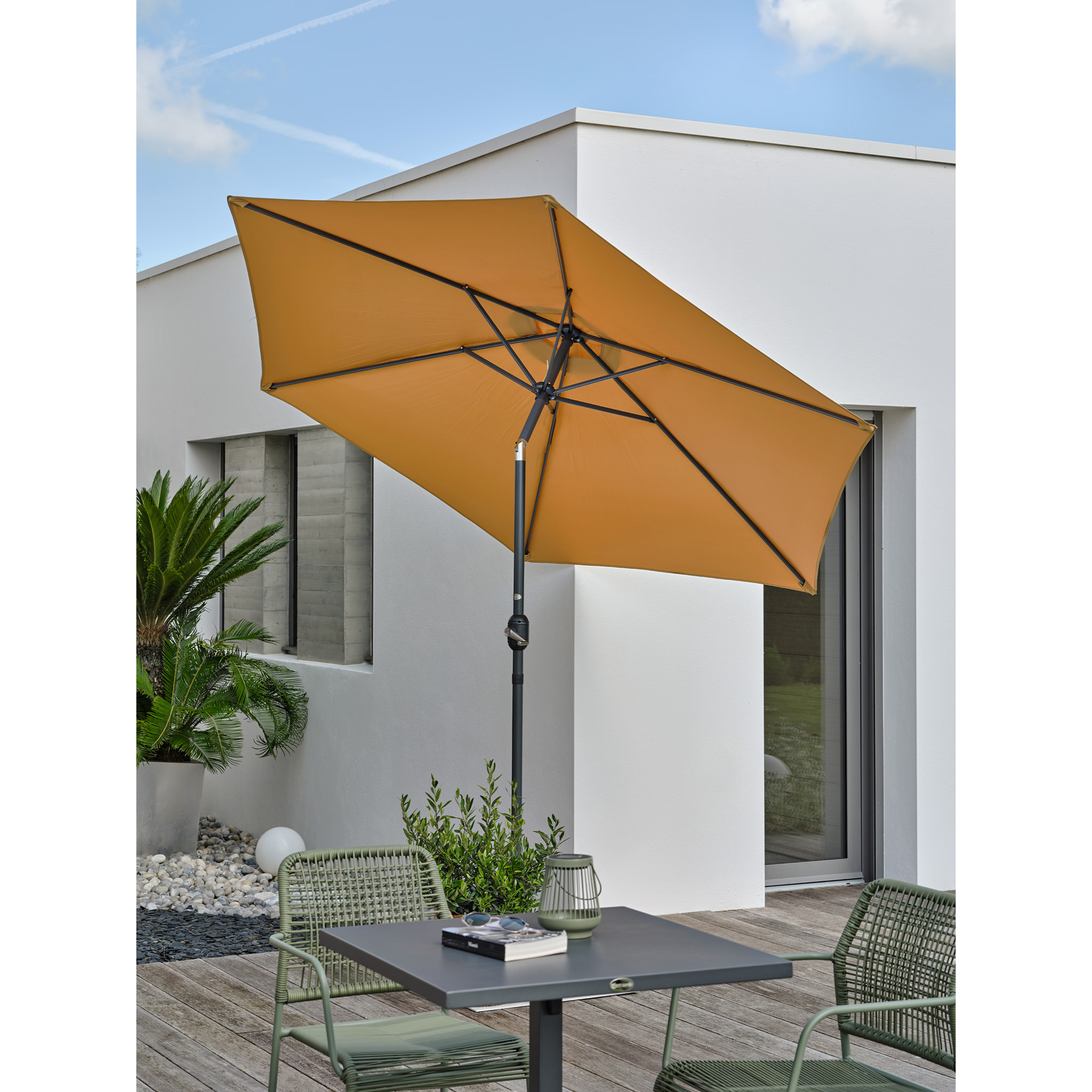 MARBELLA - Parasol à manivelle en aluminium gris anthracite et toile moutarde