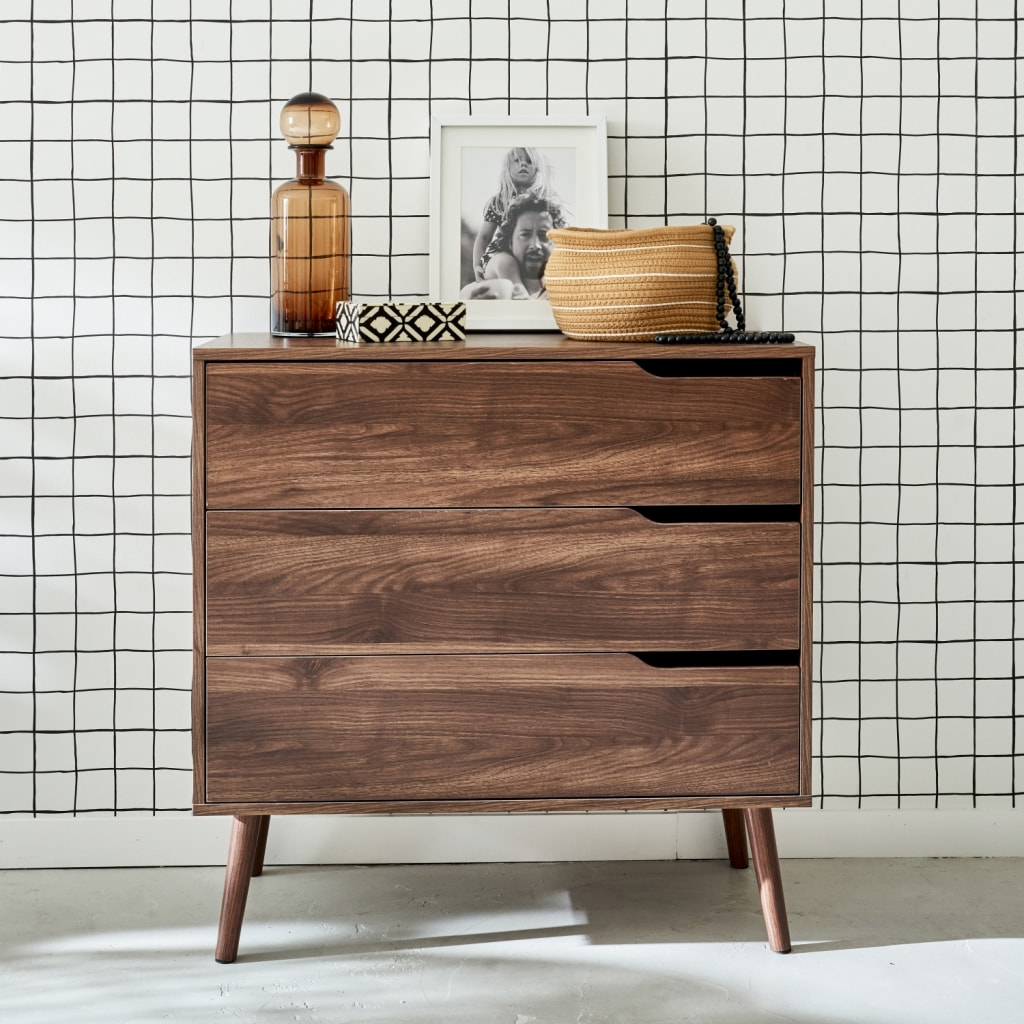 Commode décor bois de noyer 3 tiroirs NEPAL