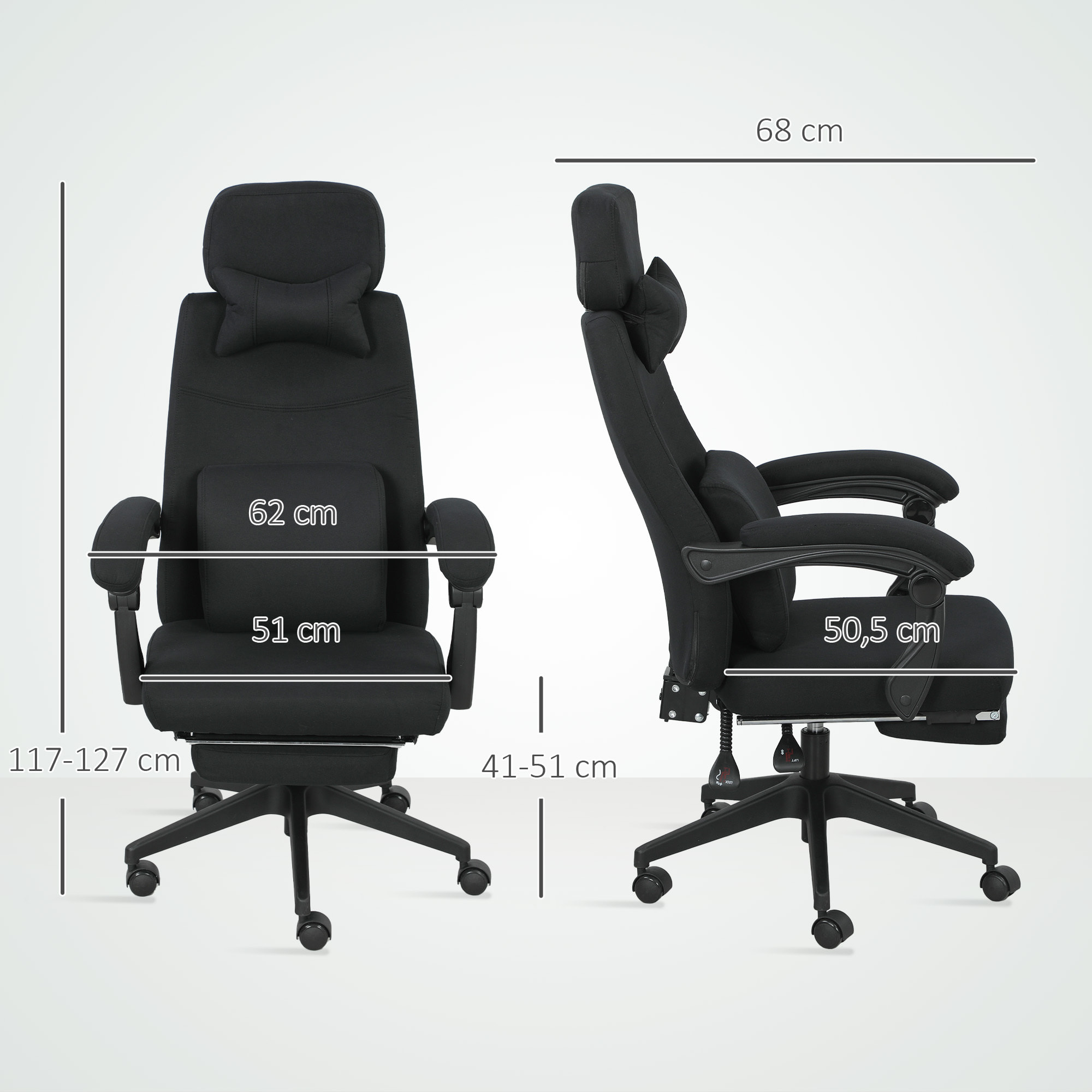 Fauteuil de bureau manager grand confort dossier réglable repose-pied coussin lombaire roulettes 360° lin 62L x 68P x 127H cm noir