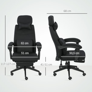 Fauteuil de bureau manager grand confort dossier réglable repose-pied coussin lombaire roulettes 360° lin 62L x 68P x 127H cm noir