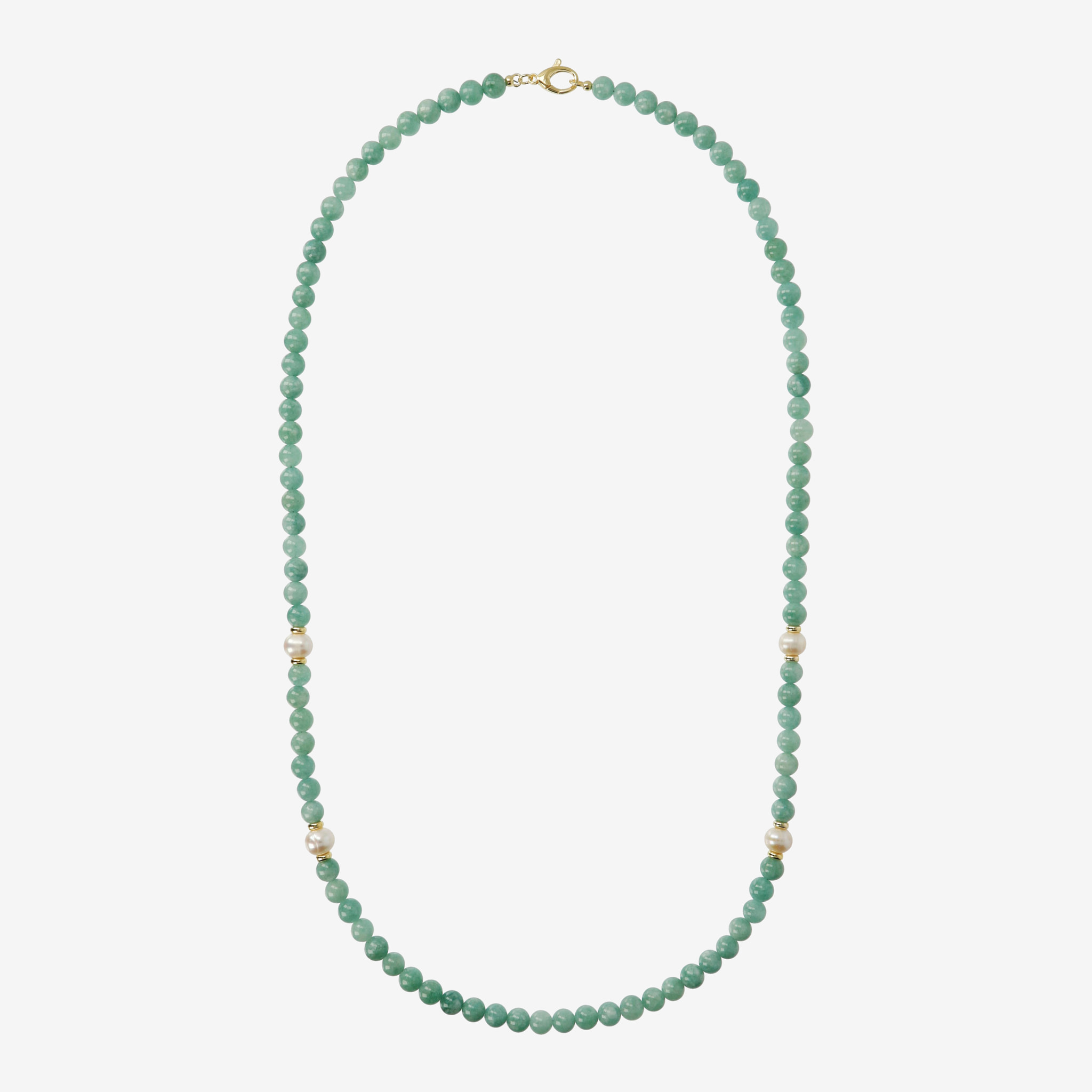 PERLAVIVA - Collana Lunga in Argento 925 placcato Oro Giallo 18kt con Quarzite Verde e Perle d'Acqua Dolce Bianche Ø 9/10 mm