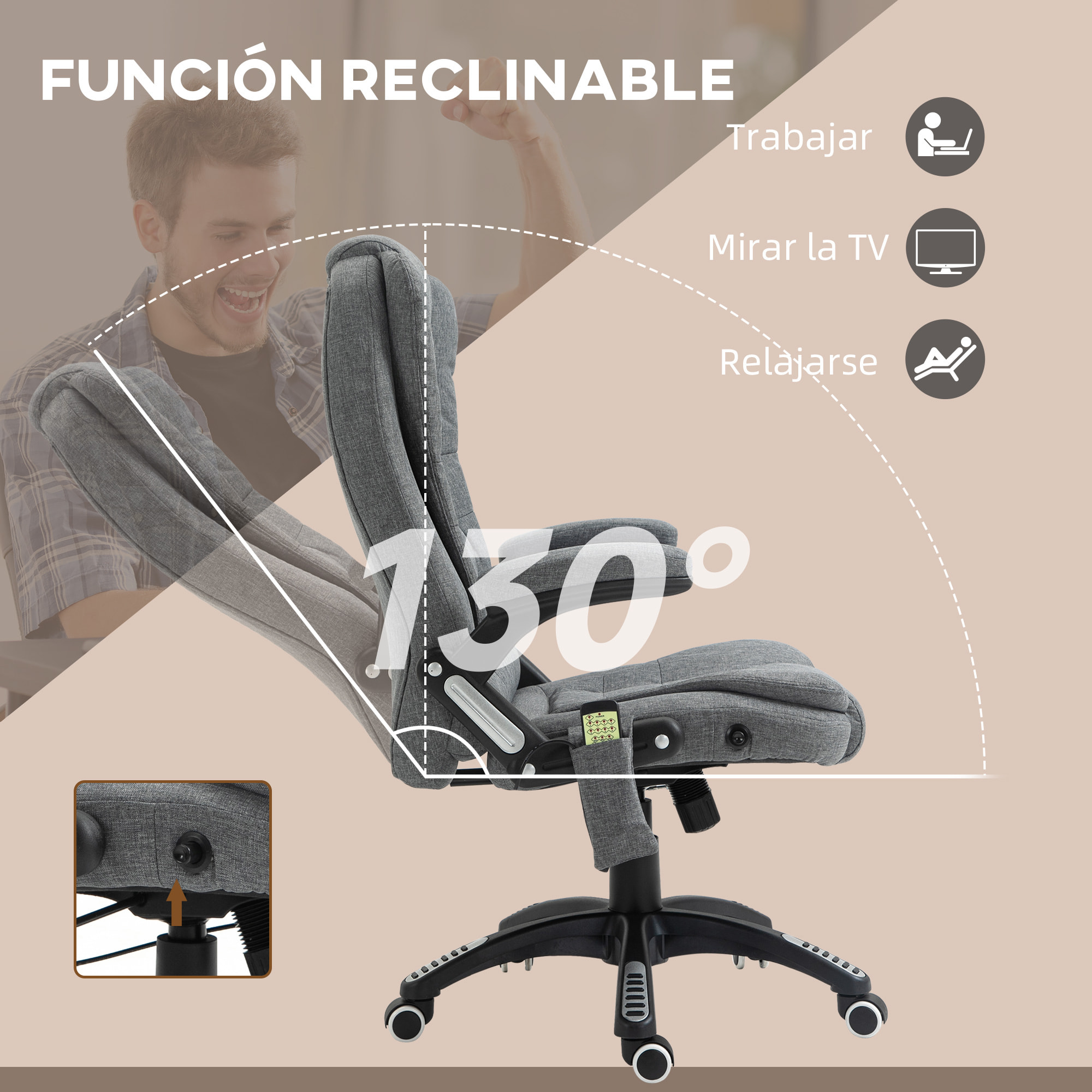 Silla de Masaje con 6 Puntos de Masaje Silla de Escritorio Reclinable hasta 130° con Función de Calefacción Altura Ajustable y Ruedas para Estudio 68x72x110-120 cm Gris