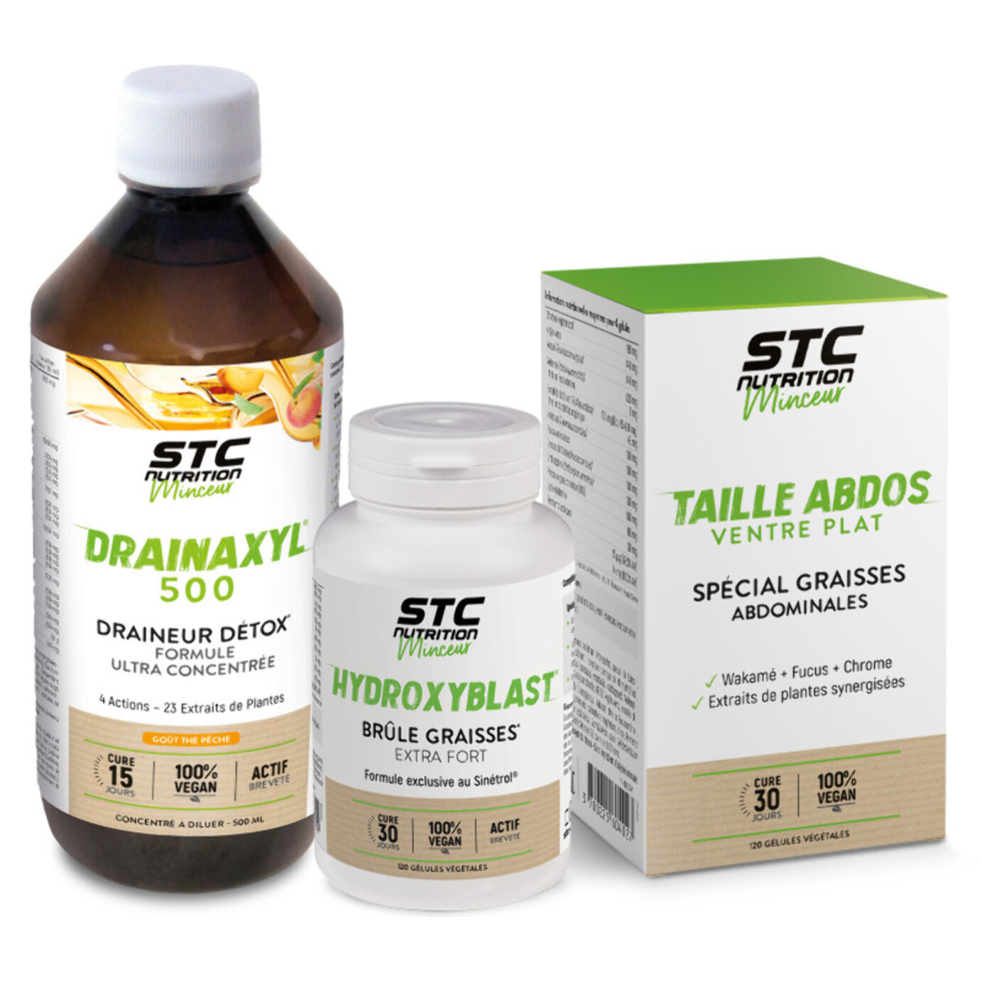 STC NUTRITION - Pack Perte de Poids Express - Complément alimentaire - Drainaxyl® 500 Thé Pêche + Hydroxyblast® + Taille Abdos Ventre Plat + - Elimination & Drainage - Brûle graisses extra-fort - Programme 45j