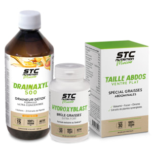 STC NUTRITION - Pack Perte de Poids Express - Complément alimentaire - Drainaxyl® 500 Thé Pêche + Hydroxyblast® + Taille Abdos Ventre Plat + - Elimination & Drainage - Brûle graisses extra-fort - Programme 45j