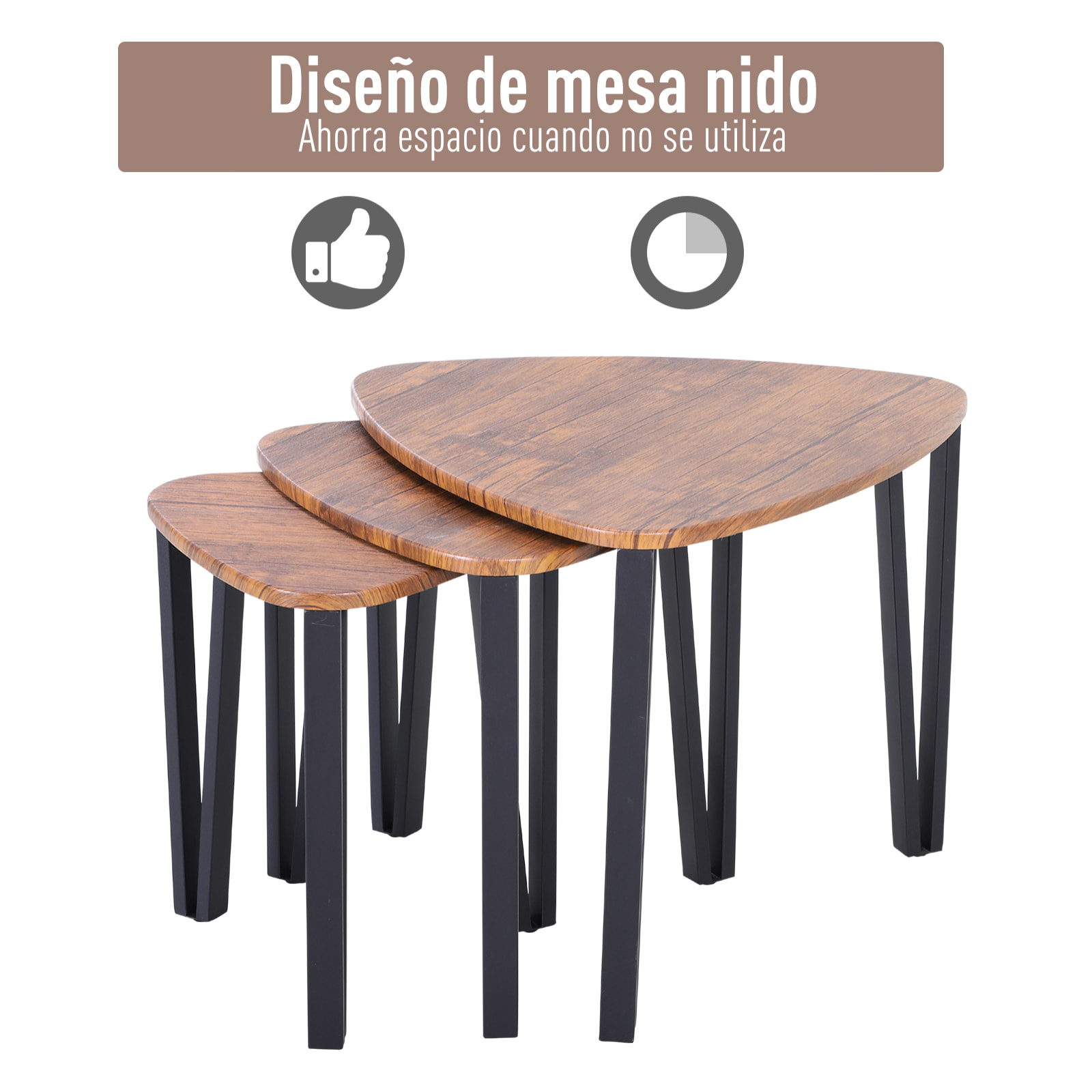 Set 3 Mesitas de Café Moderno con Patas Metálicas Nogal, Negro