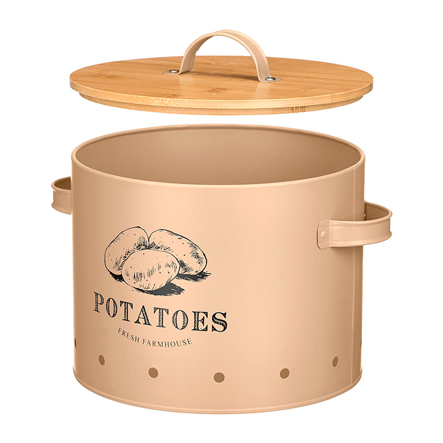 Tarro beige con asas laterales y tapa de bambú. Diseño "Potatoes".