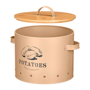 Tarro beige con asas laterales y tapa de bambú. Diseño "Potatoes".