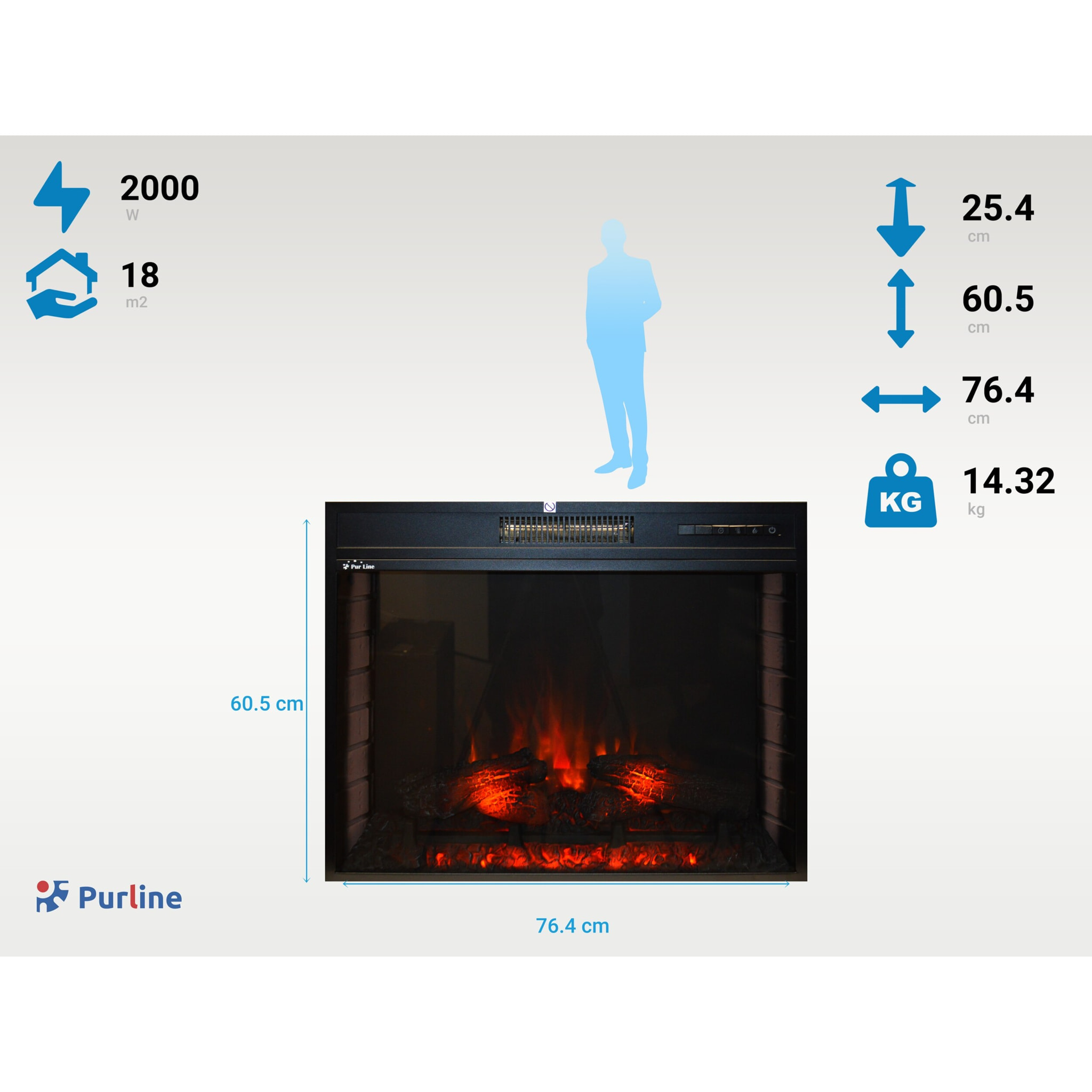 Chimenea eléctrica 2kW en cristal templado plano con mando a distancia y llama regulable CHE-630R PURLINE