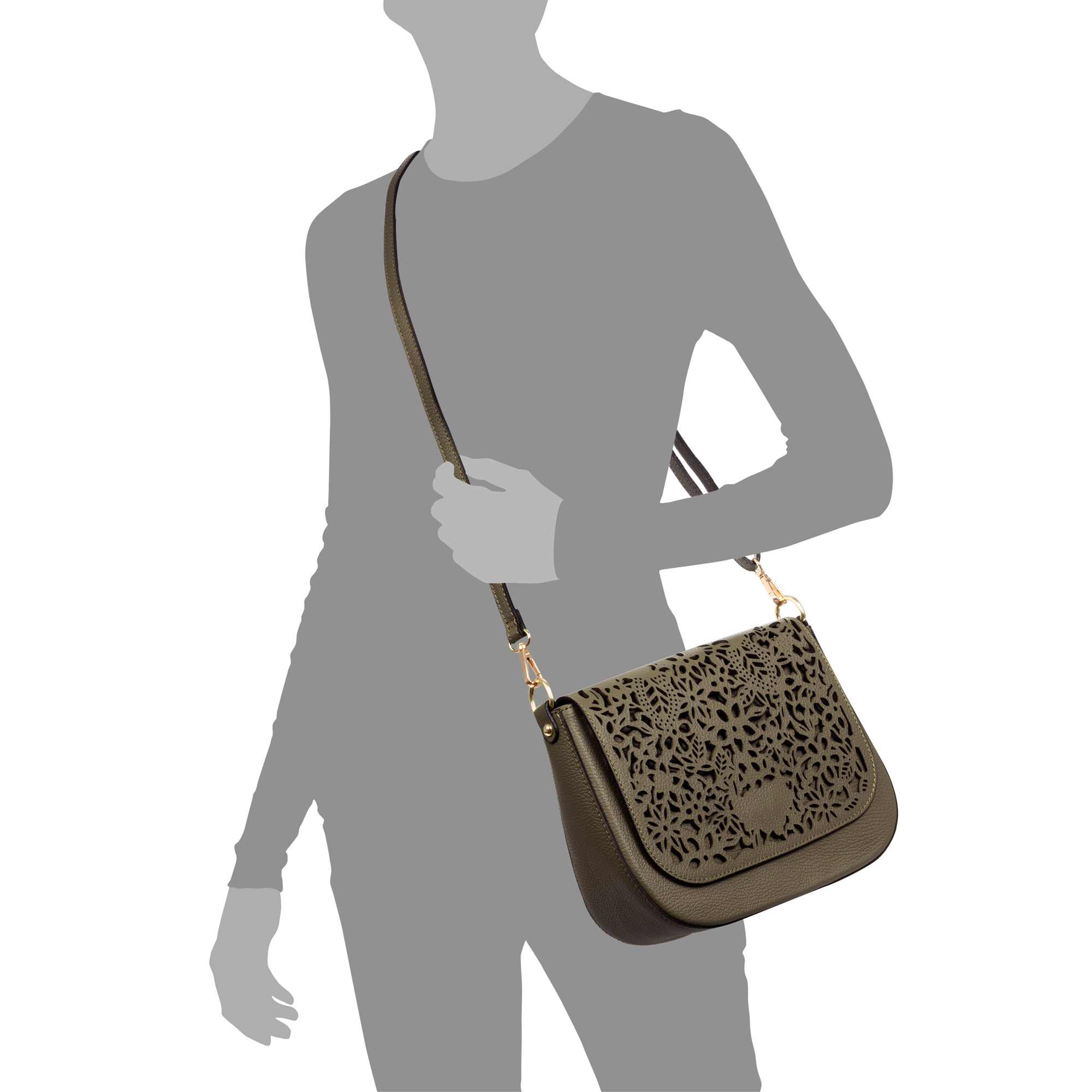 Ari bolso bandolera mujer. Piel auténtica Dollaro con grabado perforado vegetal.