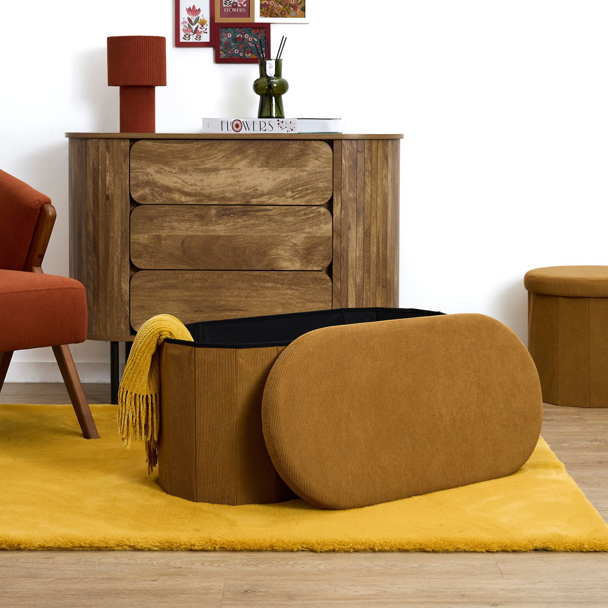 Coffre Banc Pliable - HOME DECO FACTORY - Jules - Tissu Côtelé - Jaune